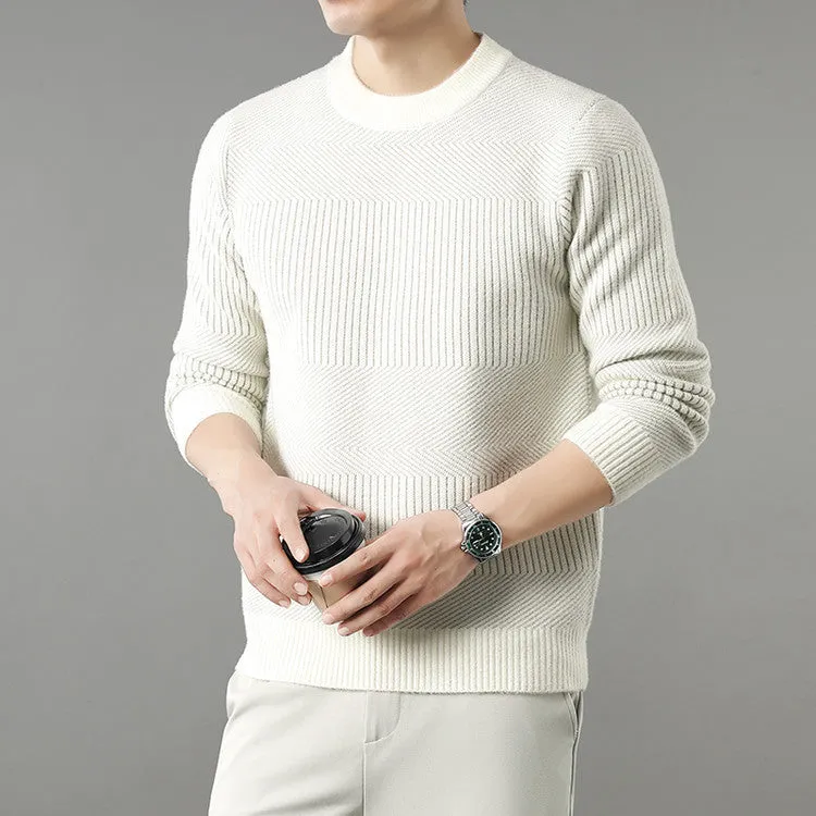 Men's round neck long sleeve chenille base sweater in apricot, straight fit, on a plain background