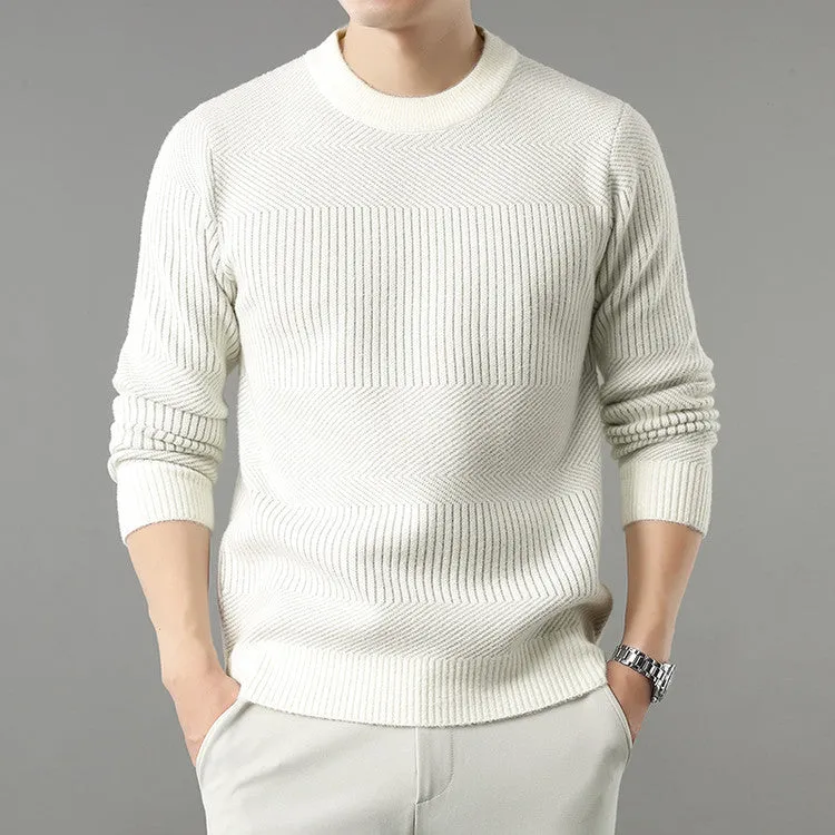 Men's round neck long sleeve chenille base sweater in apricot, straight fit, on a plain background