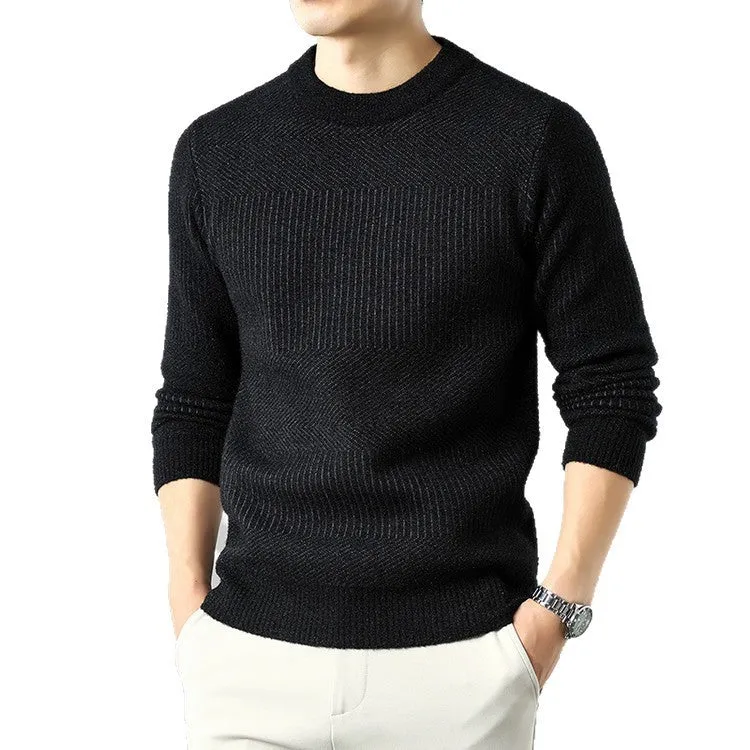 Men's round neck long sleeve chenille base sweater in apricot, straight fit, on a plain background