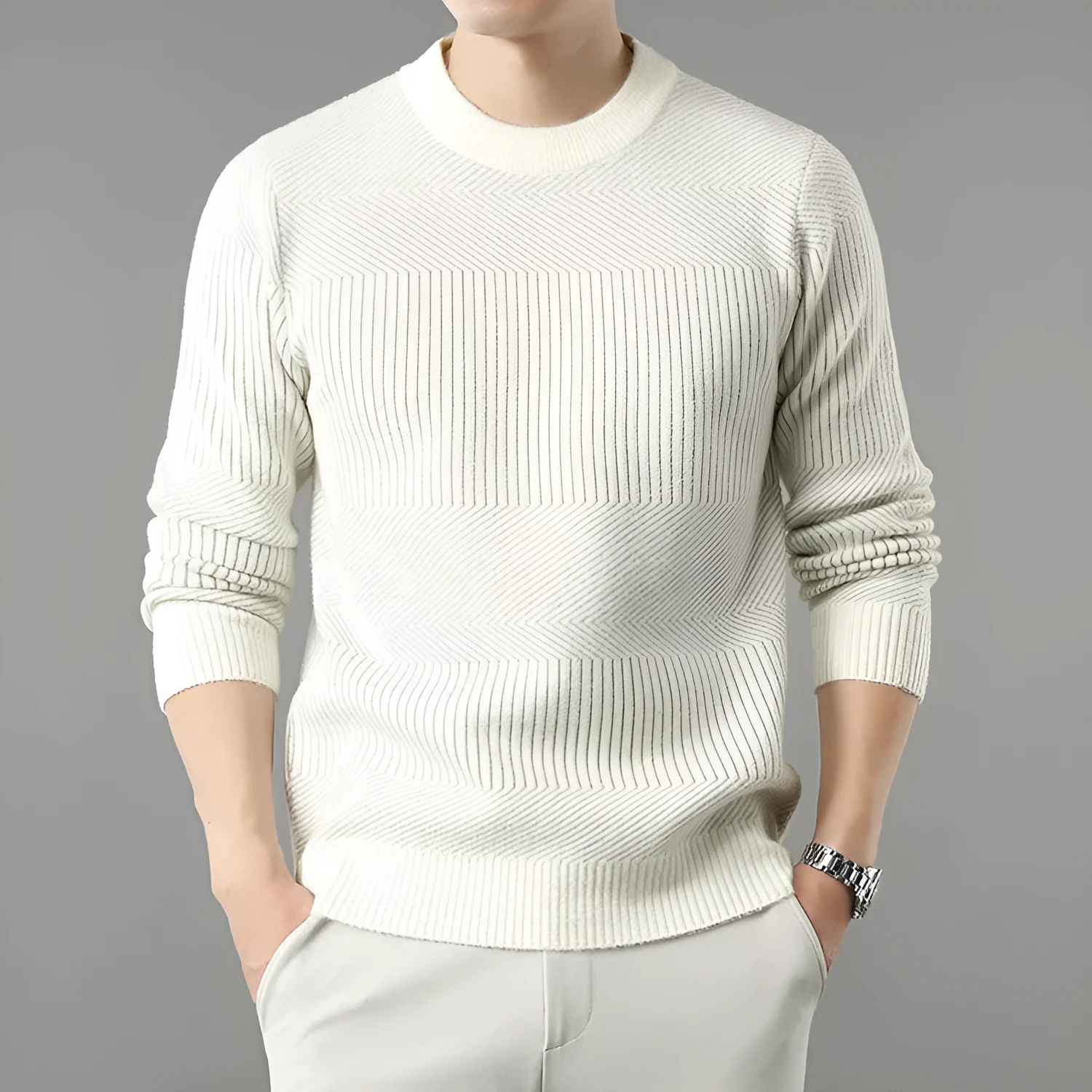 Men's round neck long sleeve chenille base sweater in apricot, straight fit, on a plain background