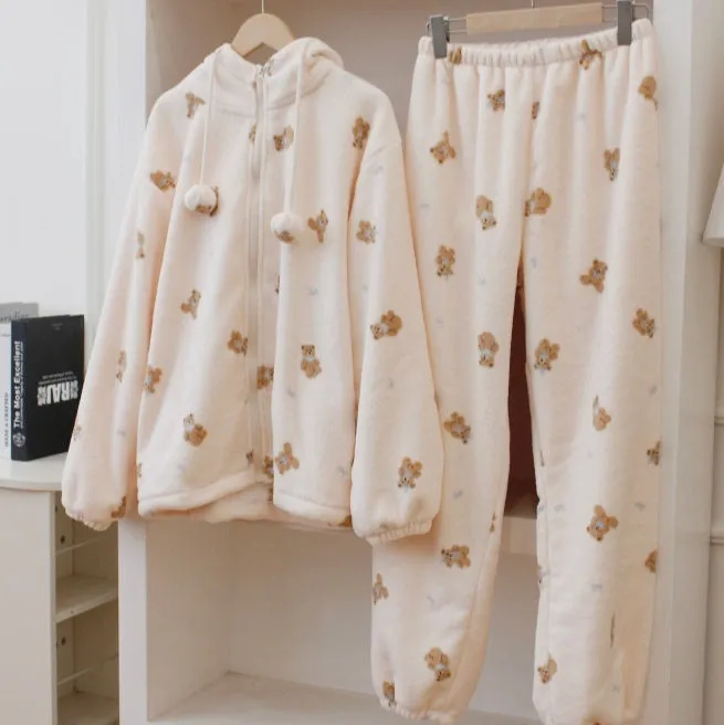 Lace jacquard coral fleece hooded pyjama set for women, winter sleepwear, long sleeves, thickened fabric
