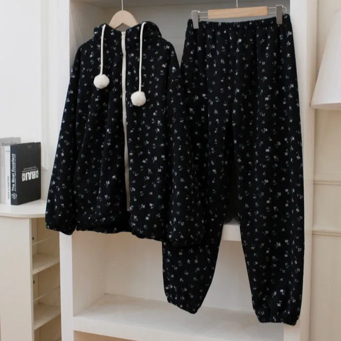 Lace jacquard coral fleece hooded pyjama set for women, winter sleepwear, long sleeves, thickened fabric