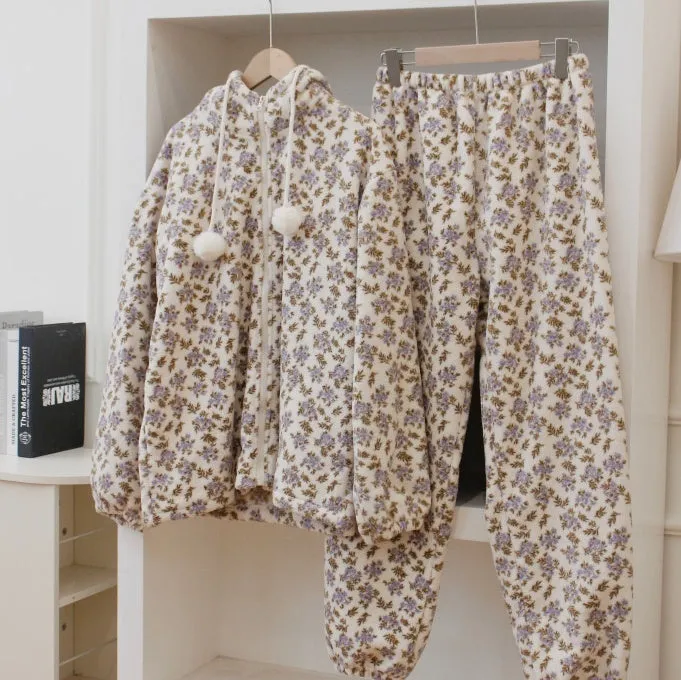 Lace jacquard coral fleece hooded pyjama set for women, winter sleepwear, long sleeves, thickened fabric