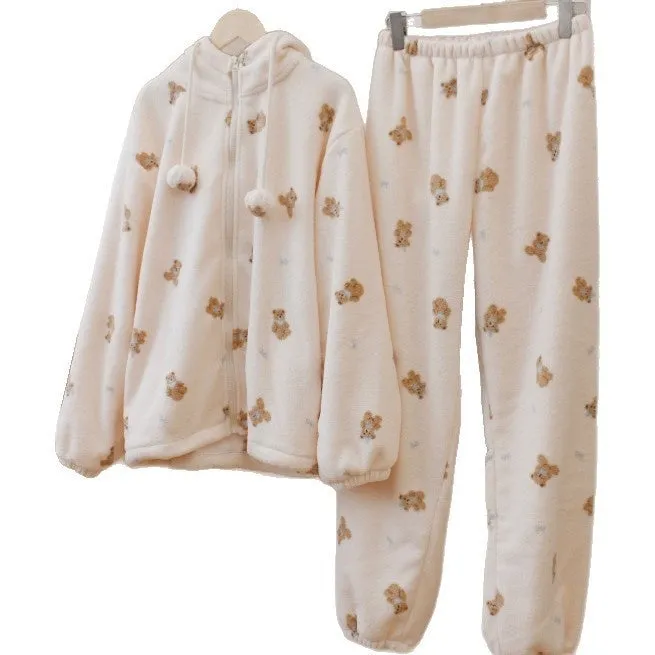 Lace jacquard coral fleece hooded pyjama set for women, winter sleepwear, long sleeves, thickened fabric