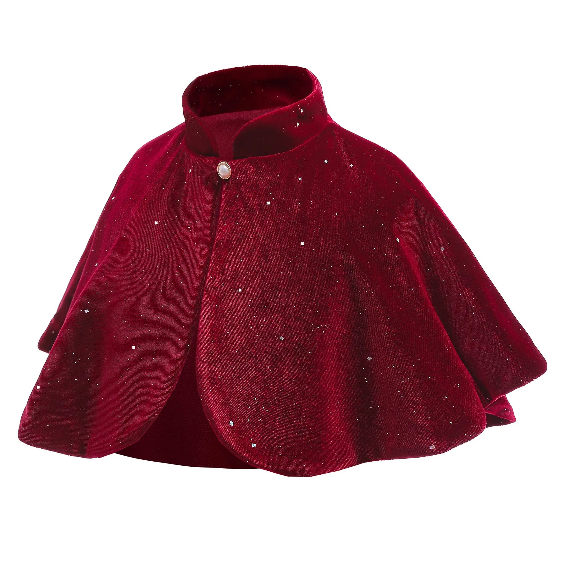Girl's burgundy cotton blend cape cloak with single button closure, suitable for autumn and winter
