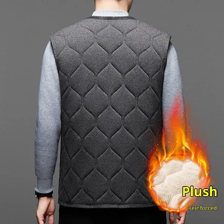 Middle-aged men's fleece-lined thick cotton blend vest in solid colour cardigan style no hood black and grey