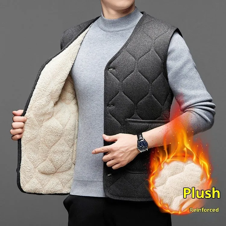 Middle-aged men's fleece-lined thick cotton blend vest in solid colour cardigan style no hood black and grey