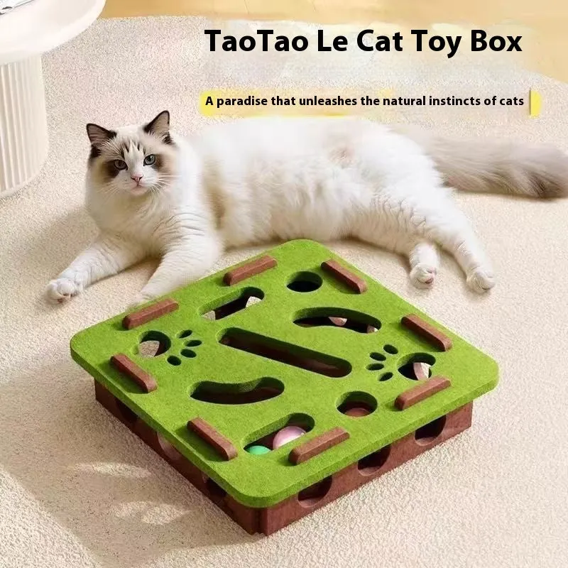 Green brown felt cat scratch box toy measuring 30cm by 30cm by 7.5cm