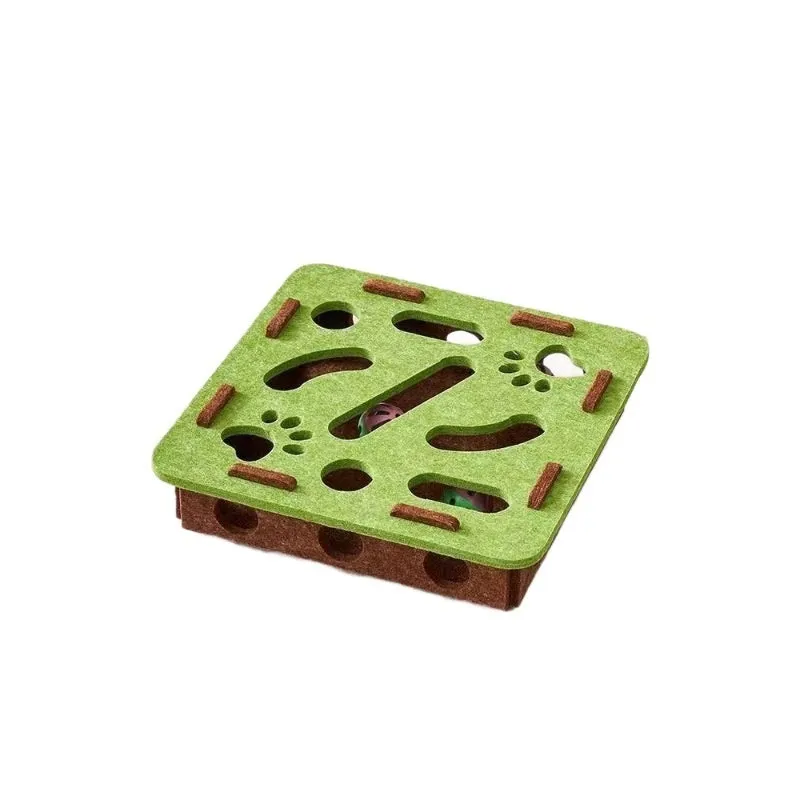 Green brown felt cat scratch box toy measuring 30cm by 30cm by 7.5cm