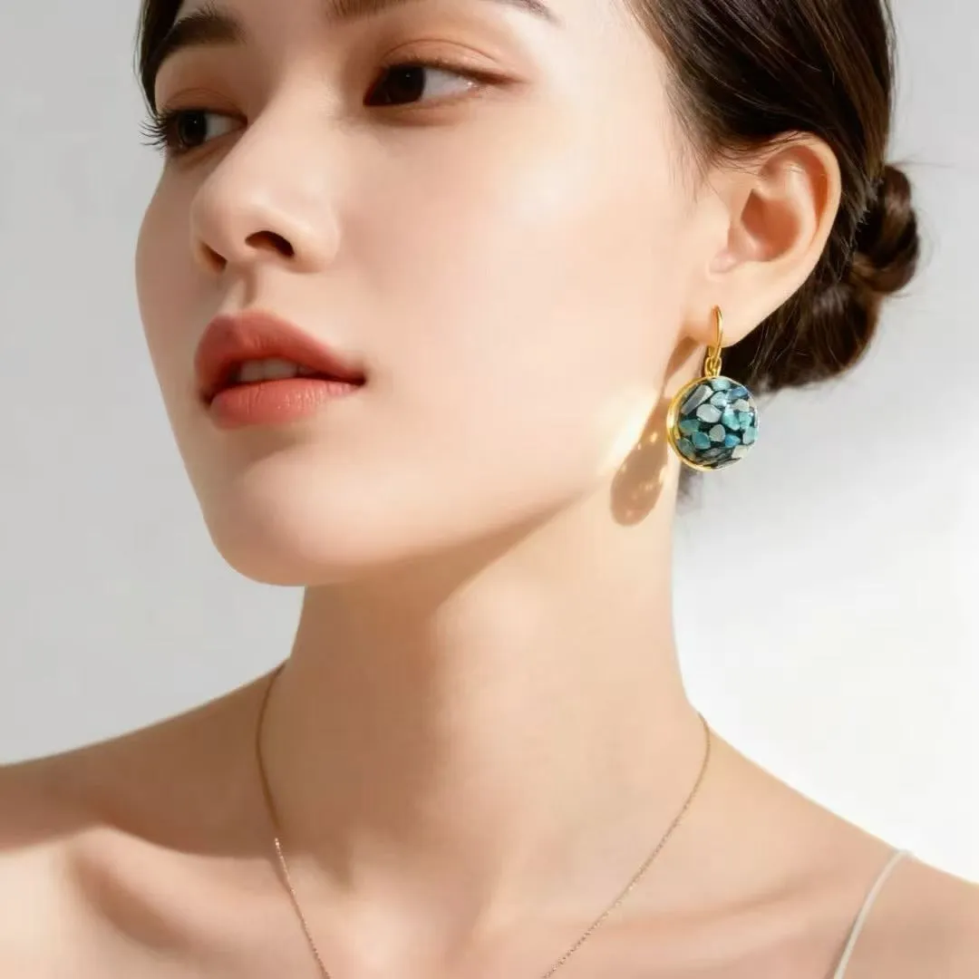 Handmade mother-of-pearl earrings with Chinese character Fu, Chanel style, clip-on design for women