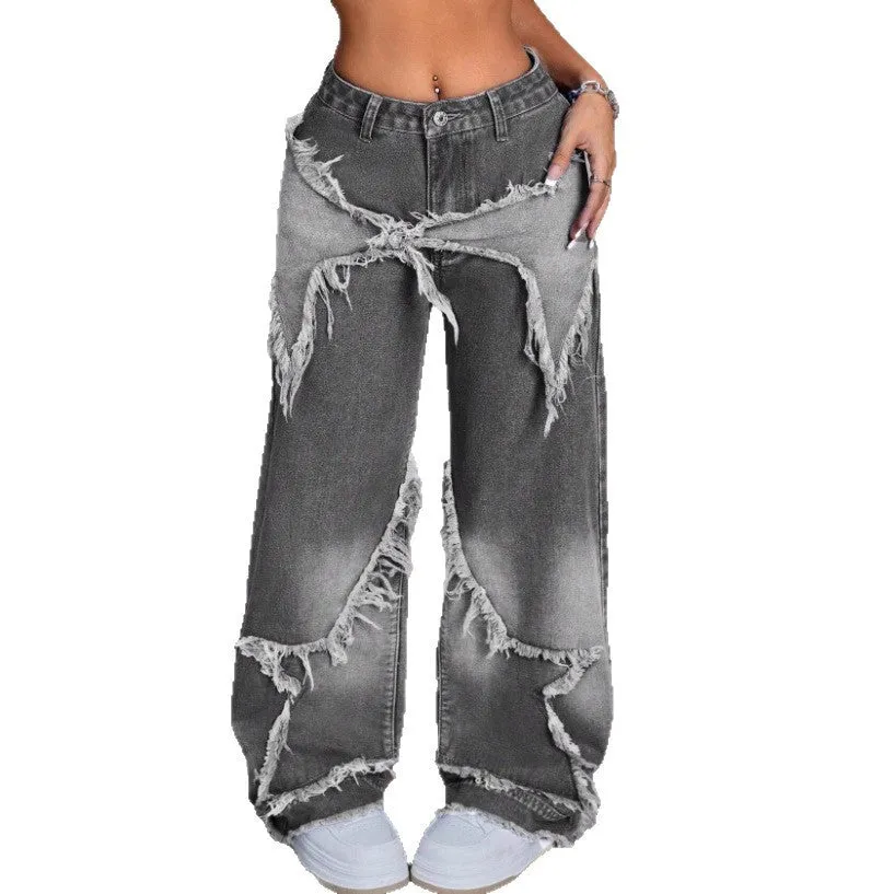 Retro star patchwork heavy wash high-waist wide-leg women's jeans in gray