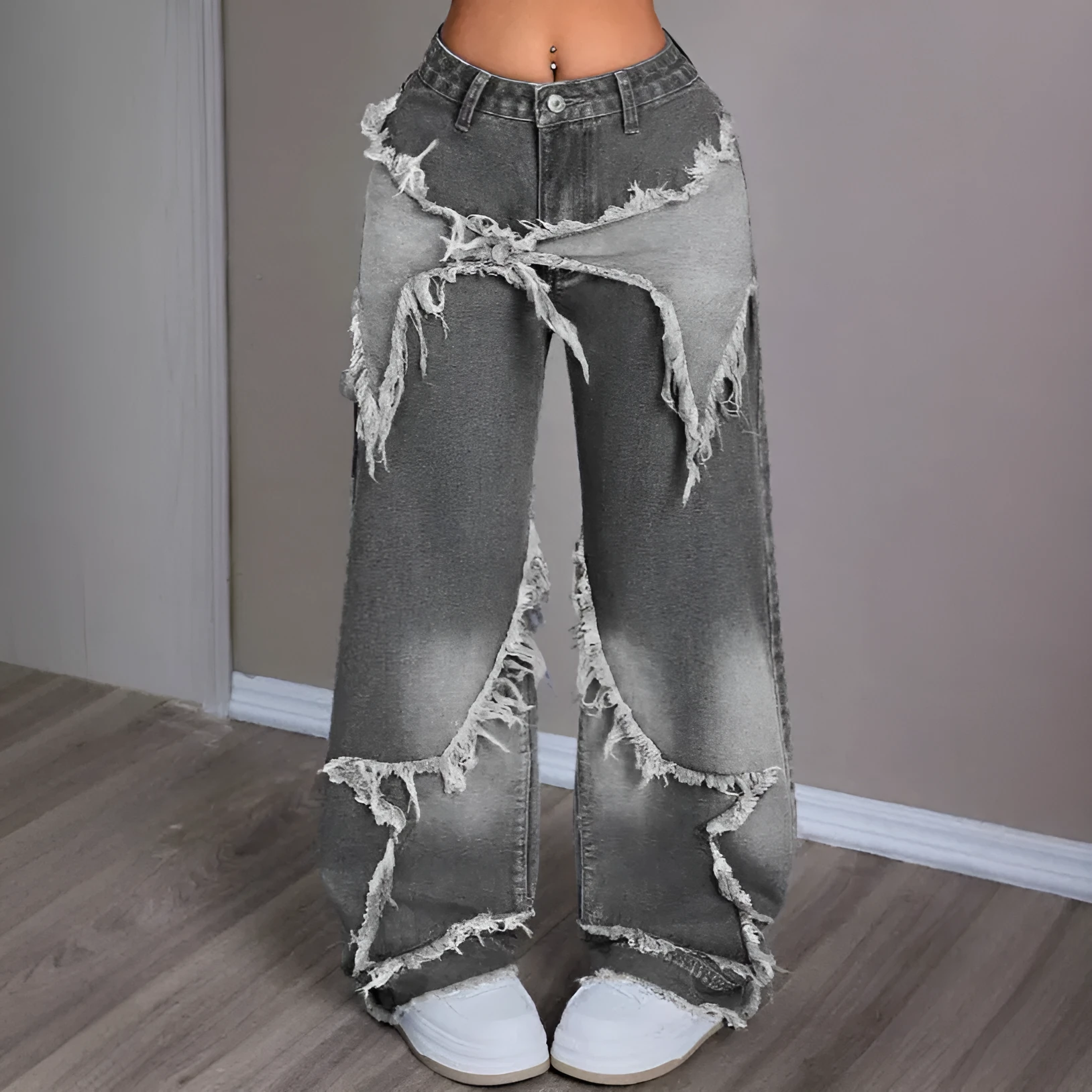 Retro star patchwork heavy wash high-waist wide-leg women's jeans in gray