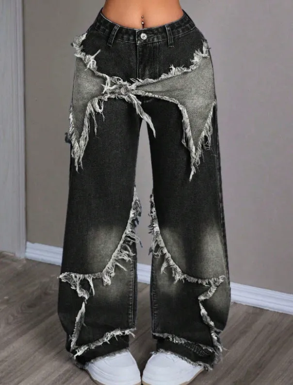 Retro star patchwork heavy wash high-waist wide-leg women's jeans in gray