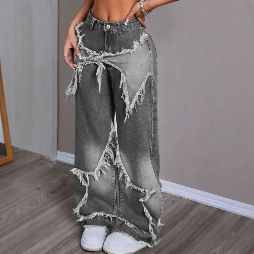 Retro star patchwork heavy wash high-waist wide-leg women's jeans in gray