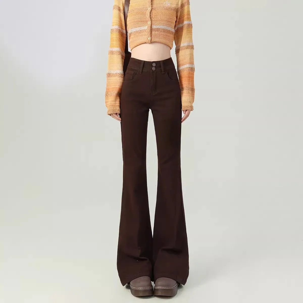 Brown high-waisted cotton flared pants with double-button closure for petite women, front view