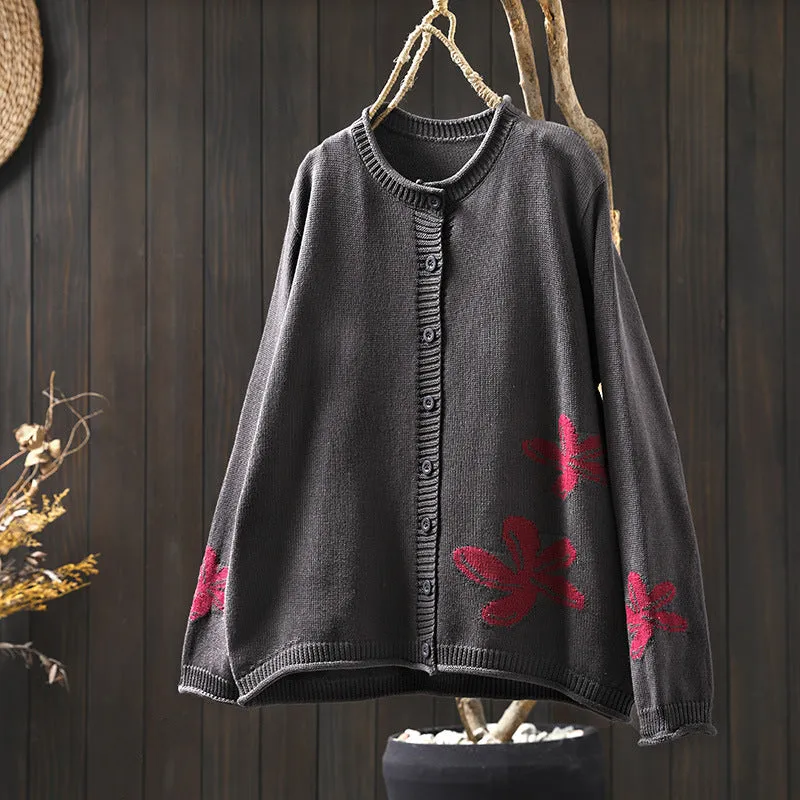 Women's loose retro flower contrasting knit cardigan with button front in khaki, showing long sleeves and floral pattern