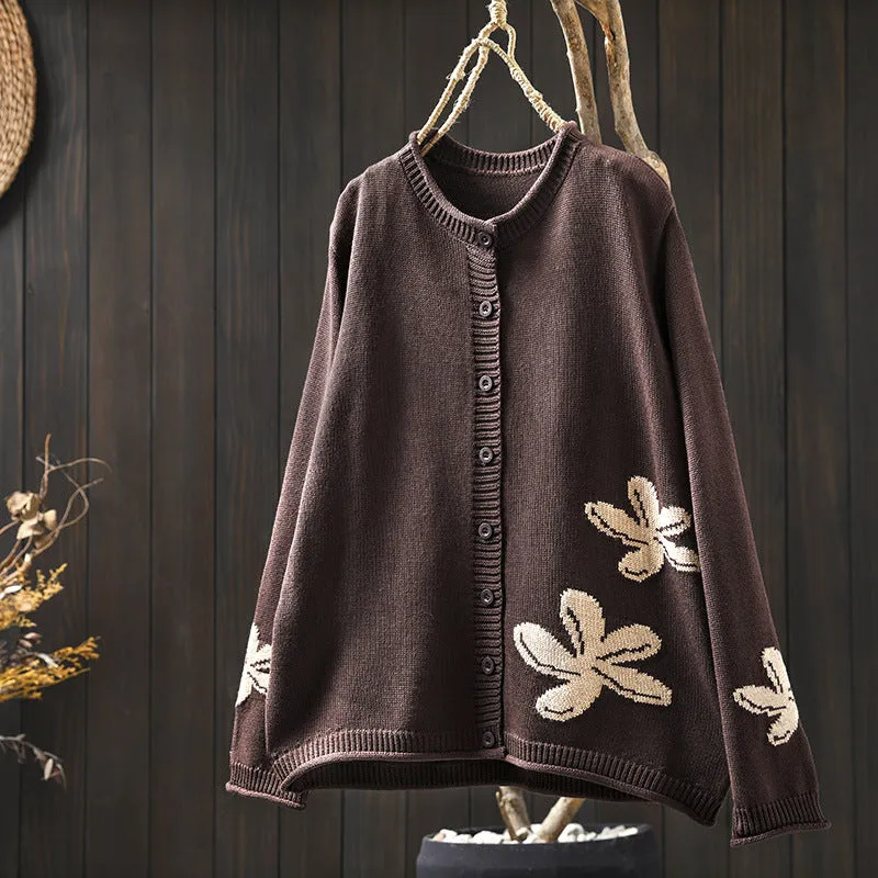 Women's loose retro flower contrasting knit cardigan with button front in khaki, showing long sleeves and floral pattern
