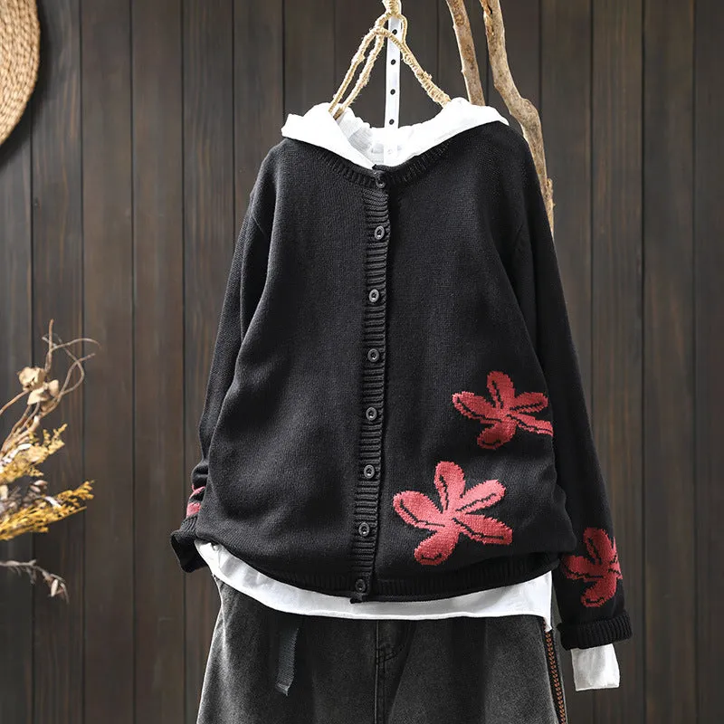 Women's loose retro flower contrasting knit cardigan with button front in khaki, showing long sleeves and floral pattern