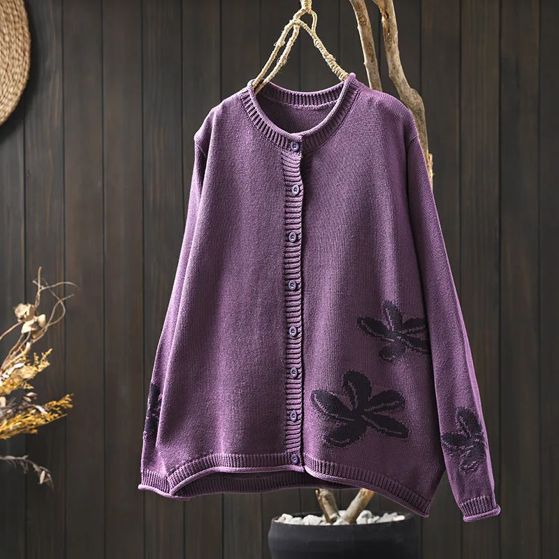 Women's loose retro flower contrasting knit cardigan with button front in khaki, showing long sleeves and floral pattern