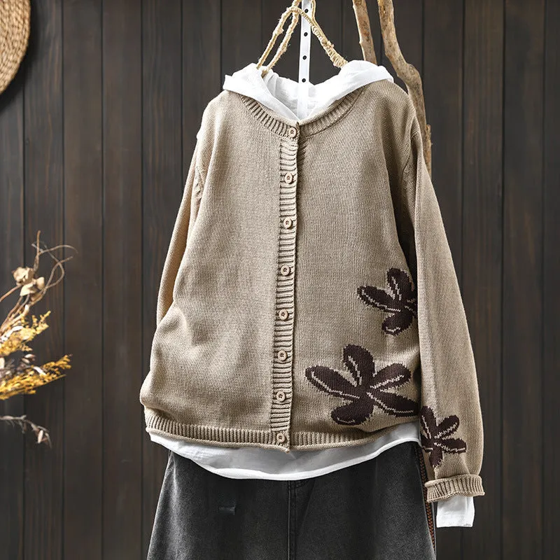 Women's loose retro flower contrasting knit cardigan with button front in khaki, showing long sleeves and floral pattern