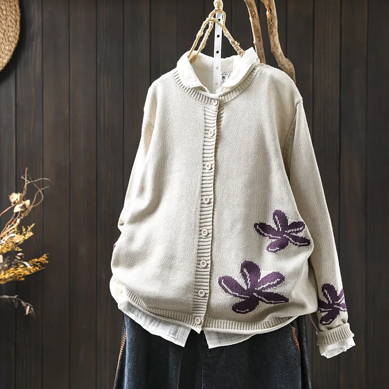 Women's loose retro flower contrasting knit cardigan with button front in khaki, showing long sleeves and floral pattern