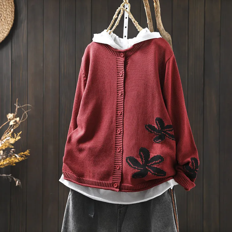 Women's loose retro flower contrasting knit cardigan with button front in khaki, showing long sleeves and floral pattern