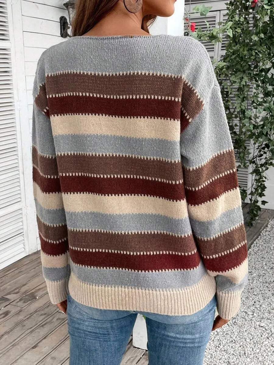 Women's striped colourblock pullover sweater in polyester, shown in black, blue, and grey.
