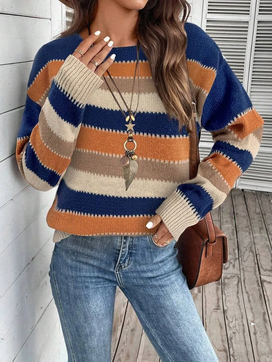 Women's striped colourblock pullover sweater in polyester, shown in black, blue, and grey.