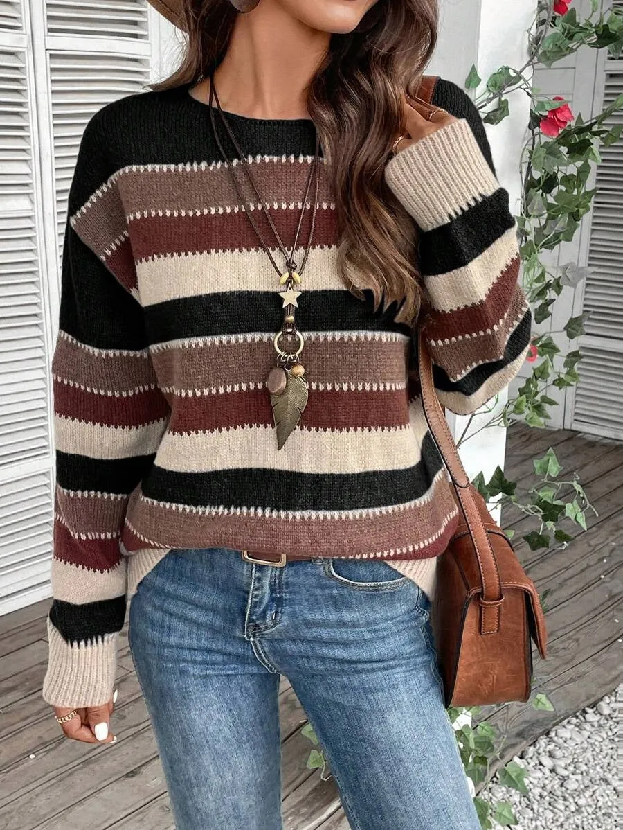 Women's striped colourblock pullover sweater in polyester, shown in black, blue, and grey.