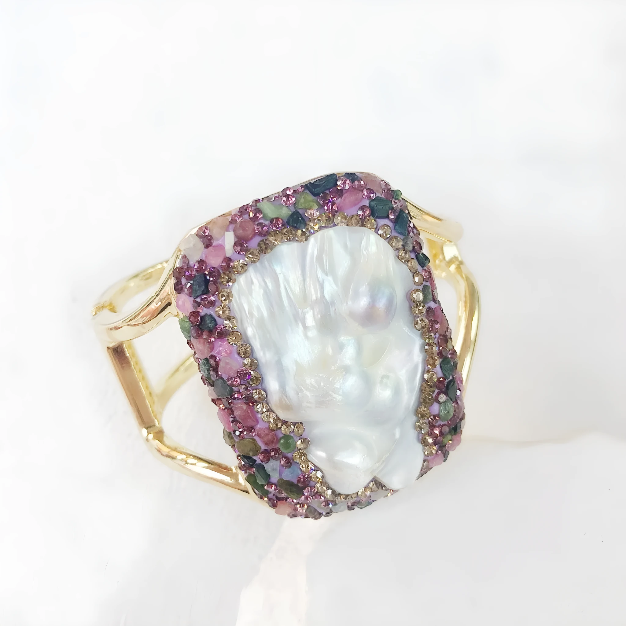 Handmade natural Baroque pearl purple bracelet with irregular exaggerated shapes on white background
