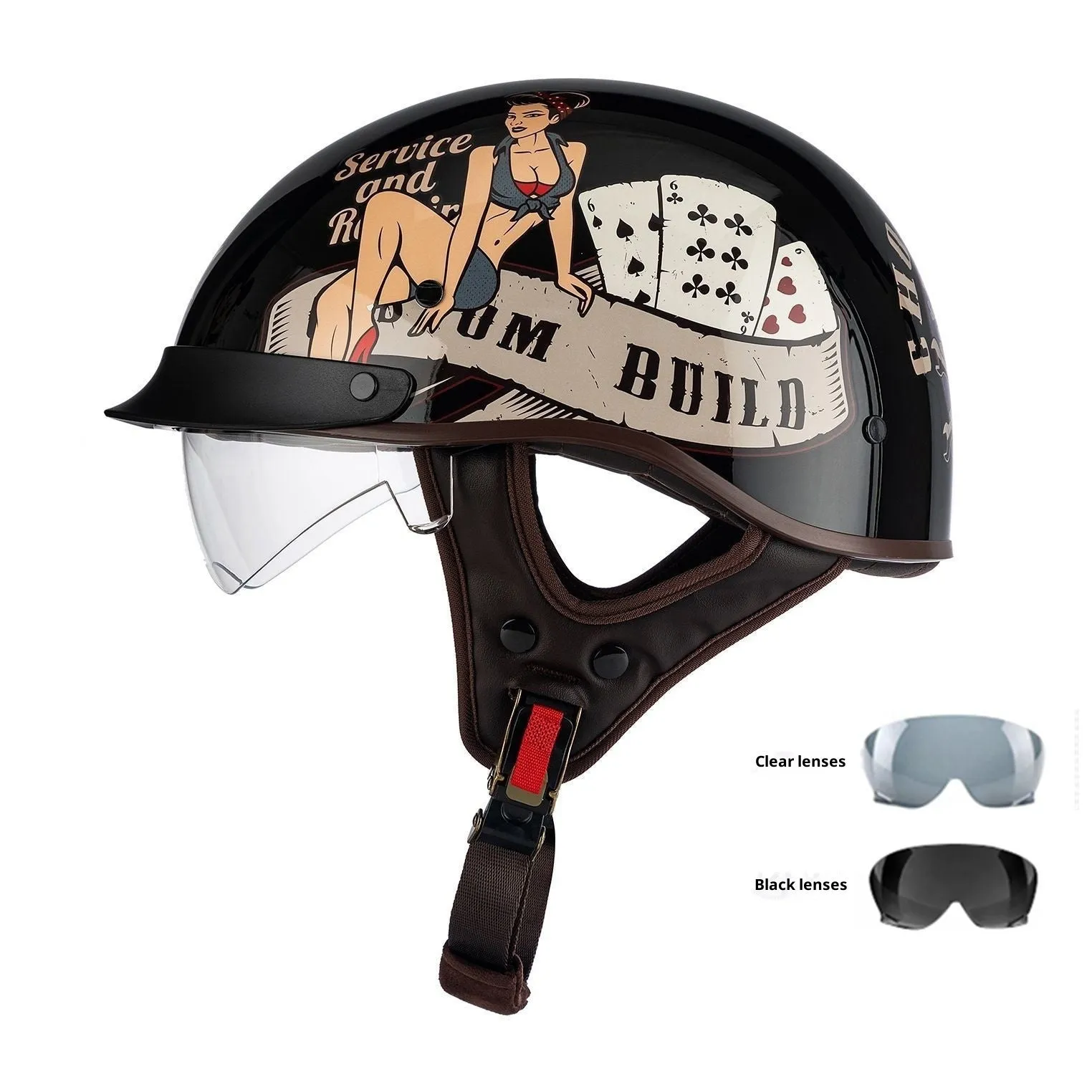 Retro electric motorcycle helmet in matte black with Whirlwind Dog graphic, shown on a rider.