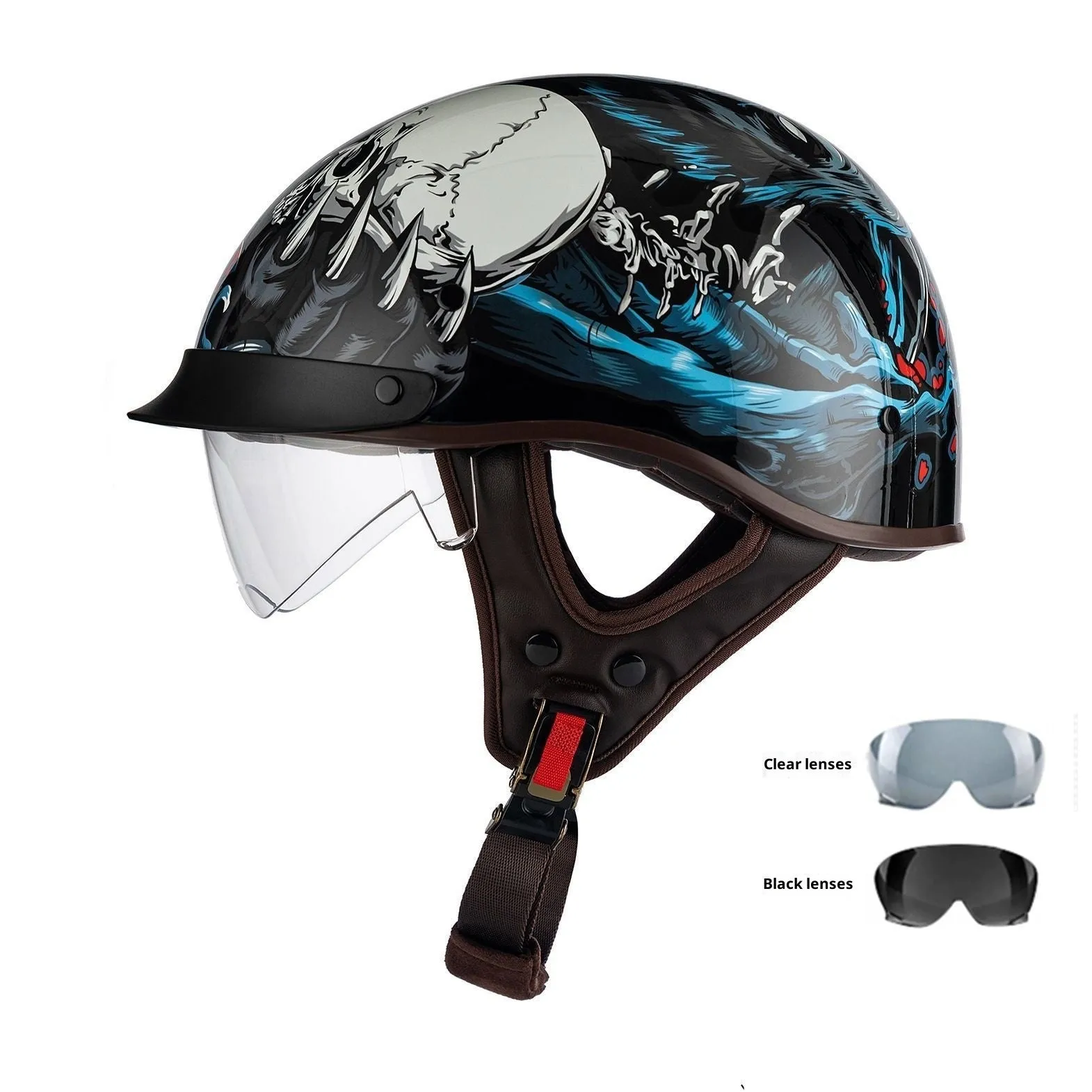 Retro electric motorcycle helmet in matte black with Whirlwind Dog graphic, shown on a rider.