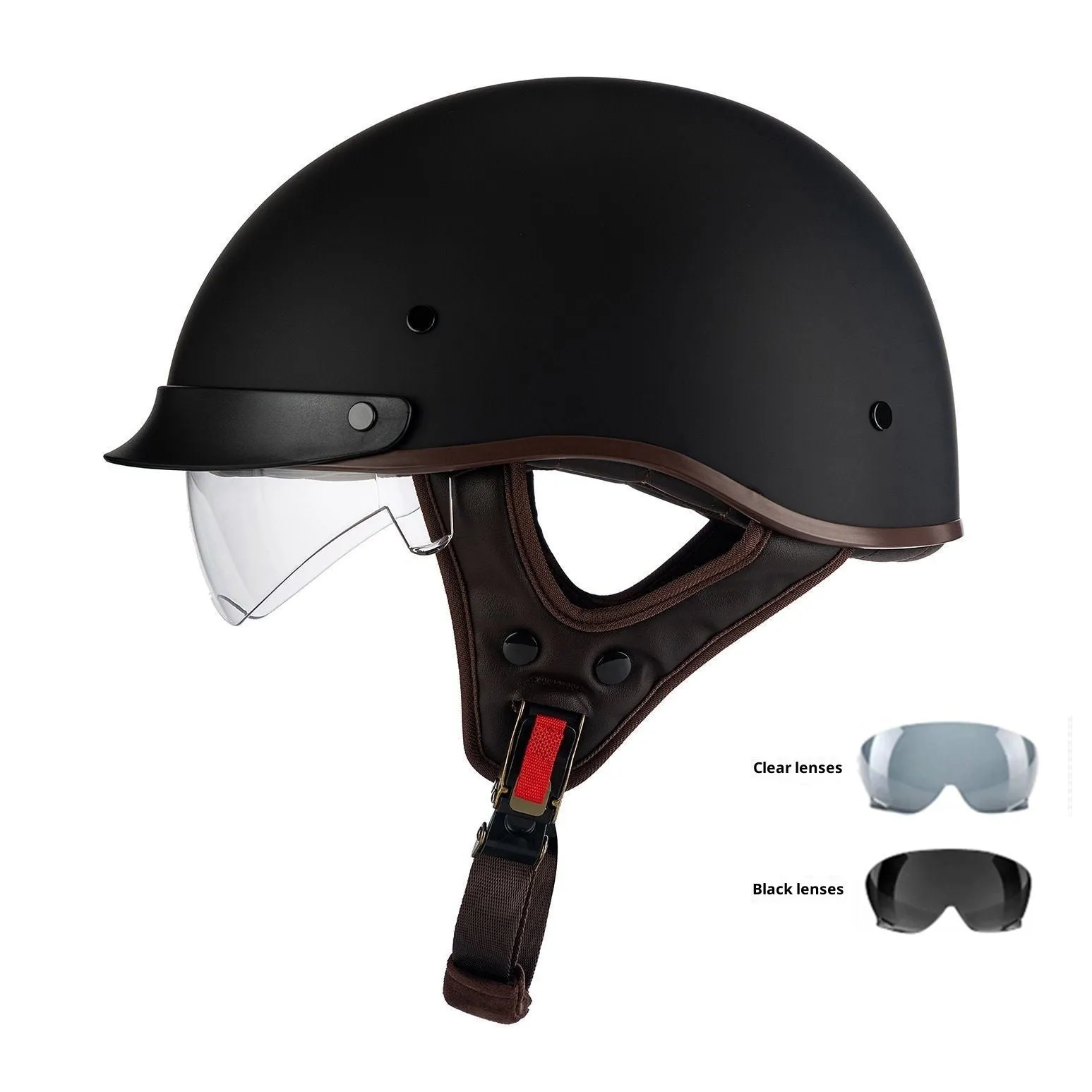 Retro electric motorcycle helmet in matte black with Whirlwind Dog graphic, shown on a rider.