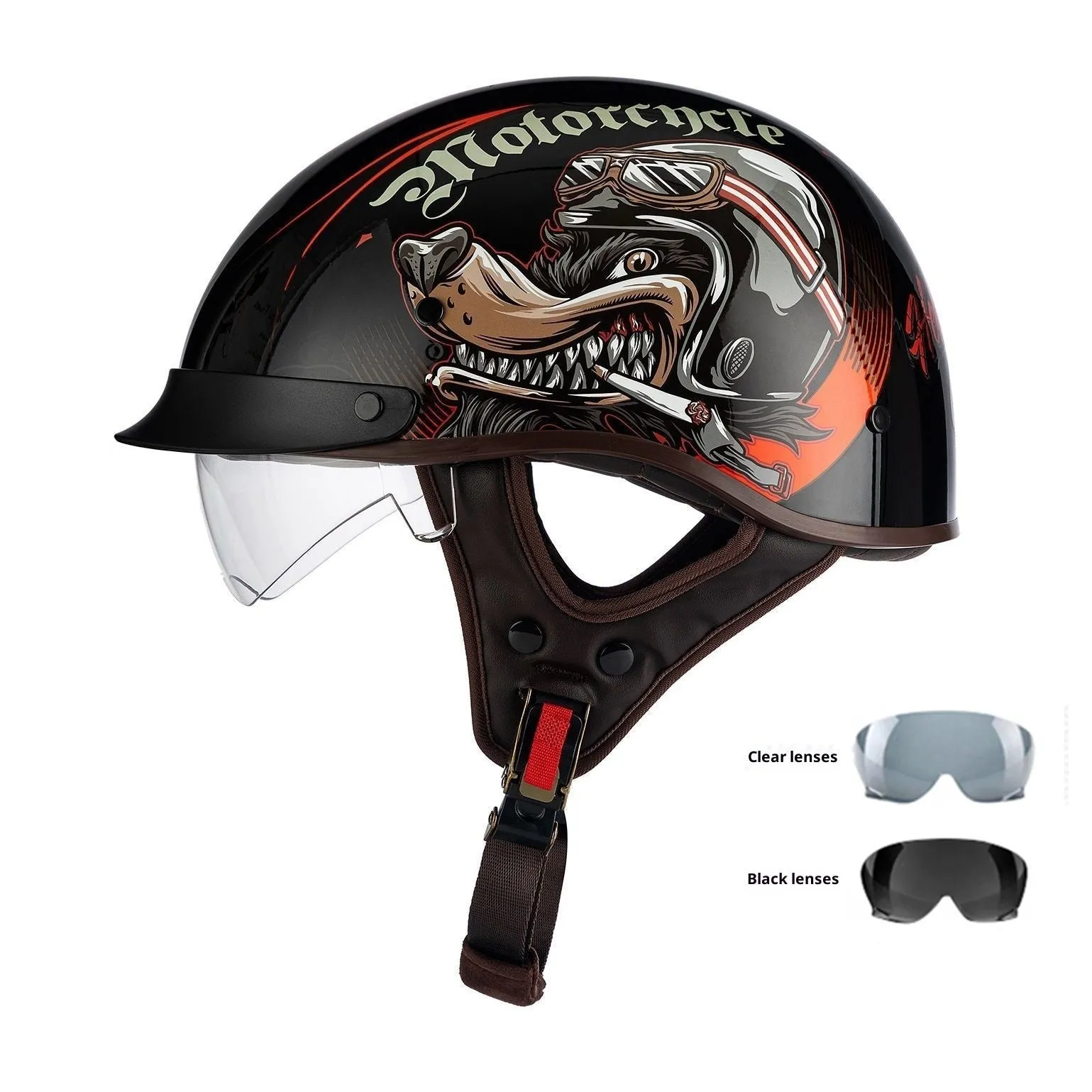 Retro electric motorcycle helmet in matte black with Whirlwind Dog graphic, shown on a rider.