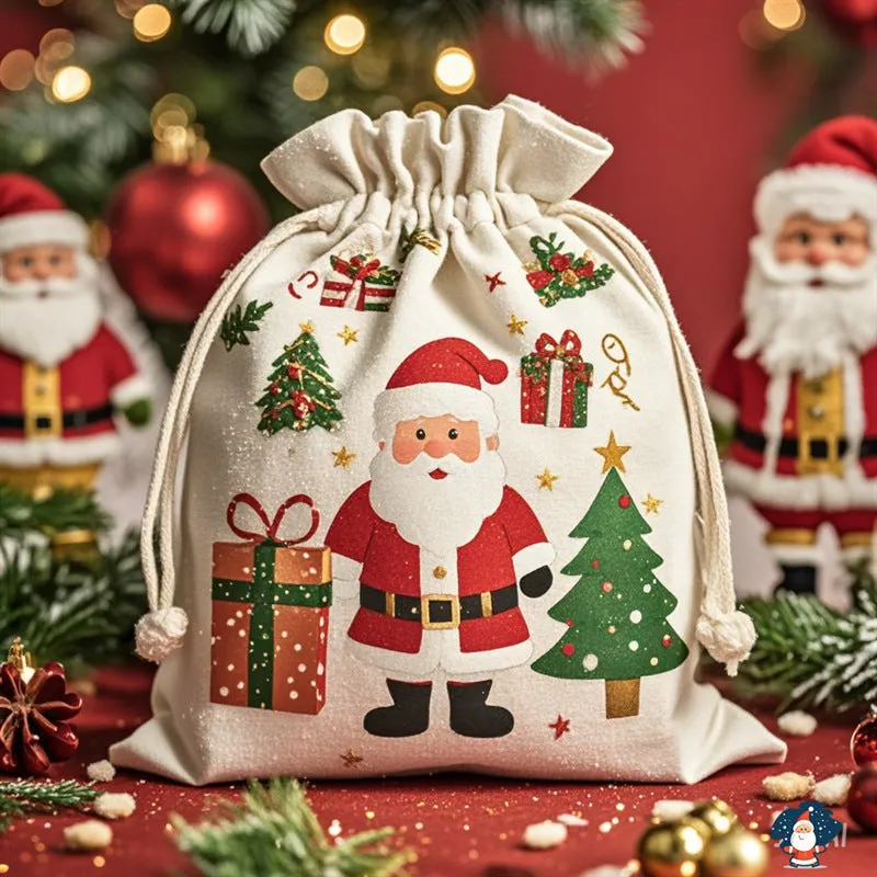 Extra-large Christmas gift bag in red canvas with Santa Claus string closure, 48cm by 65cm