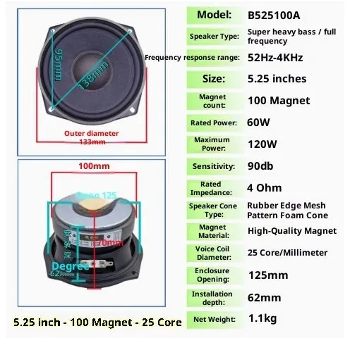 5.25 inch full-range speaker with 80 or 100 magnet for car and home audio DIY