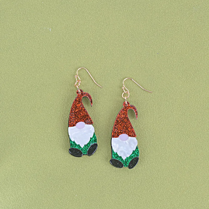 Cartoon Santa Claus character earrings in acrylic with red, green, or mixed hat styles
