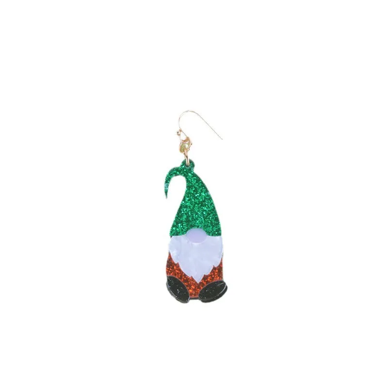 Cartoon Santa Claus character earrings in acrylic with red, green, or mixed hat styles