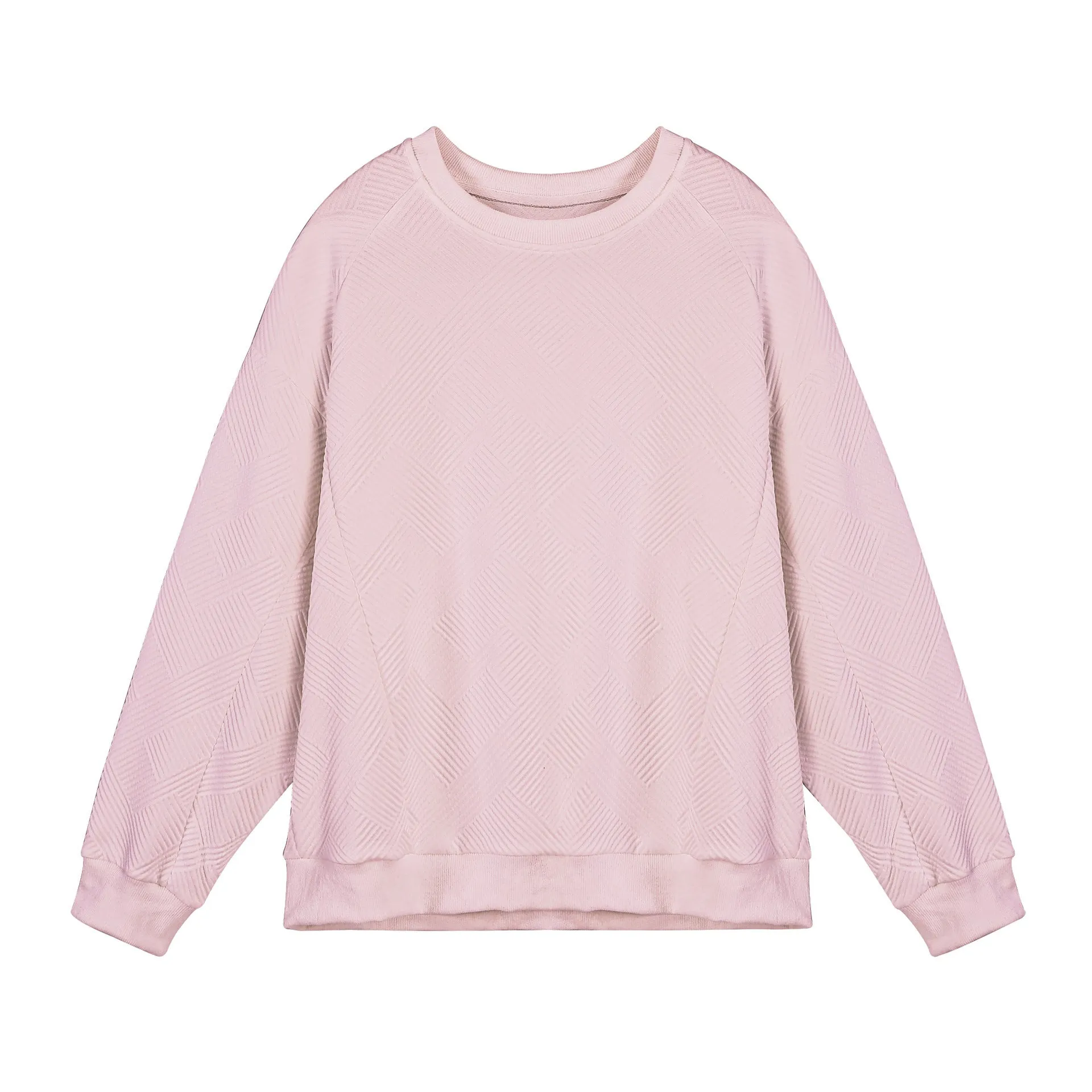 Men's loose fit solid colour twill jacquard pullover sweater on a hanger.