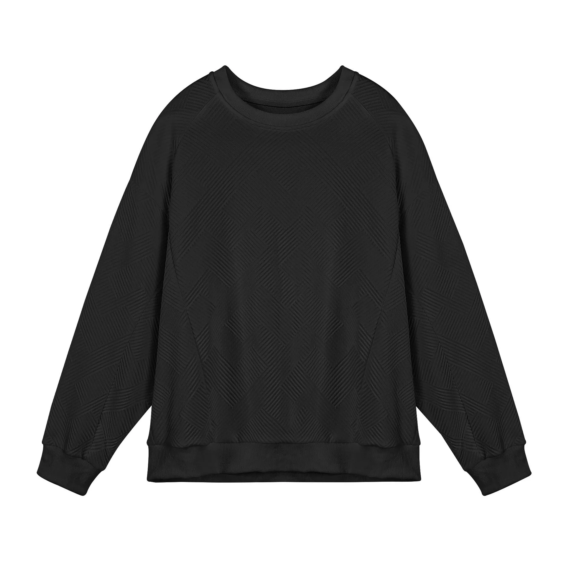 Men's loose fit solid colour twill jacquard pullover sweater on a hanger.