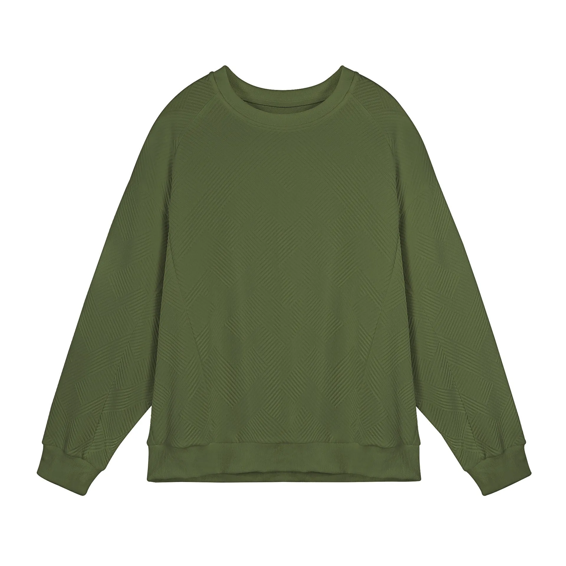 Men's loose fit solid colour twill jacquard pullover sweater on a hanger.
