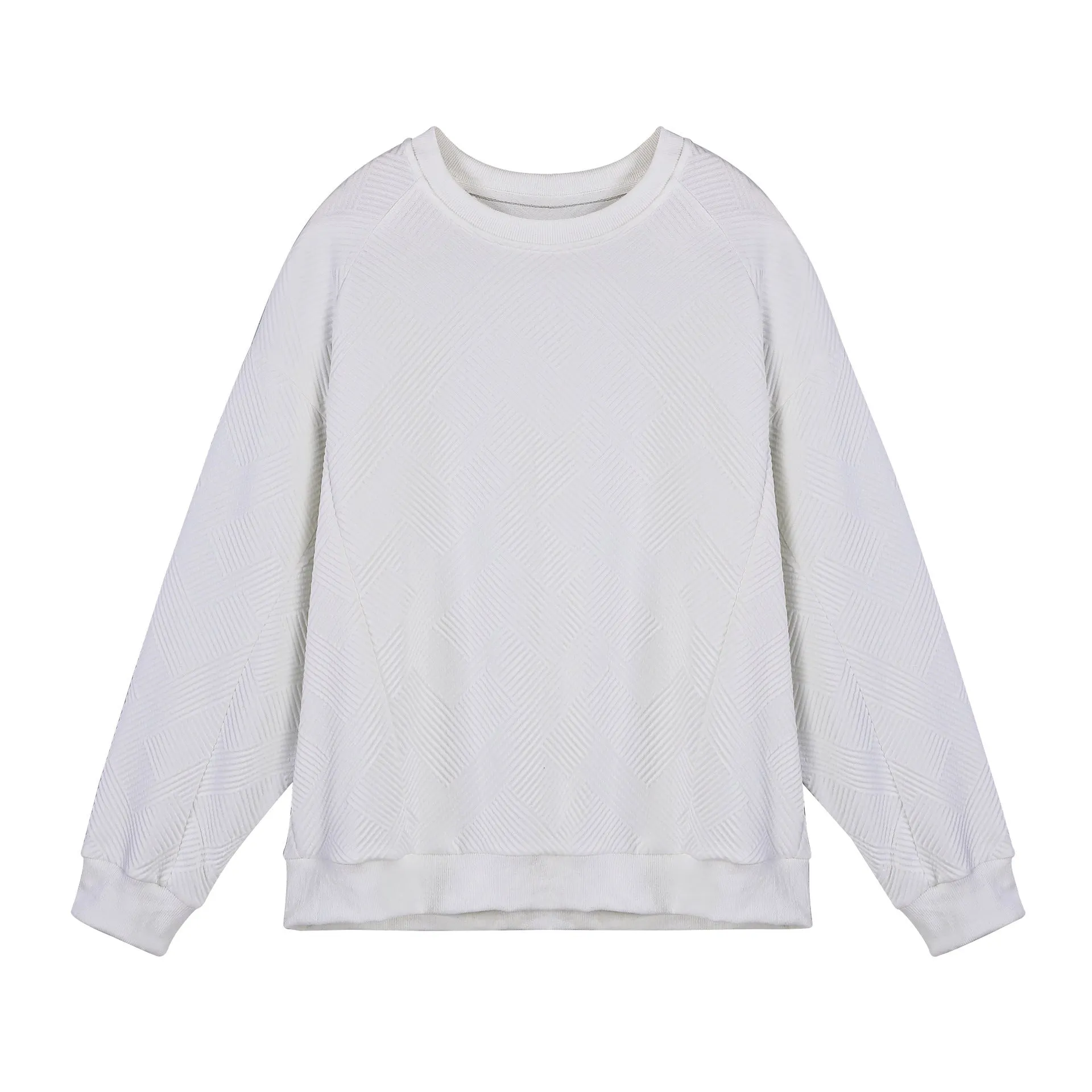 Men's loose fit solid colour twill jacquard pullover sweater on a hanger.