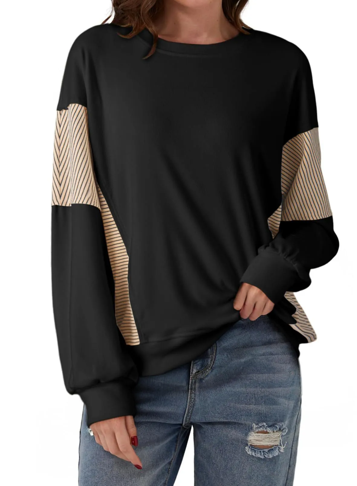 Striped colour-blocked round neck long-sleeved pullover sweatshirt in polyester, available in multiple colours and sizes S-XXL