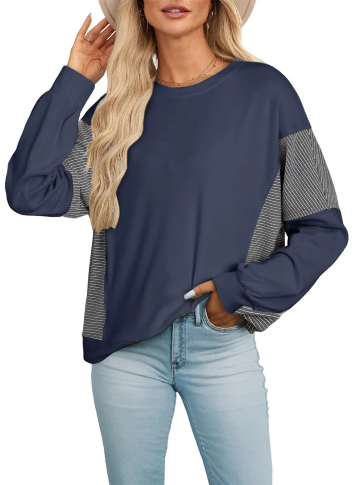 Striped colour-blocked round neck long-sleeved pullover sweatshirt in polyester, available in multiple colours and sizes S-XXL