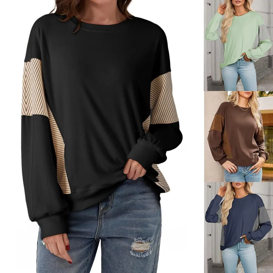 Striped colour-blocked round neck long-sleeved pullover sweatshirt in polyester, available in multiple colours and sizes S-XXL