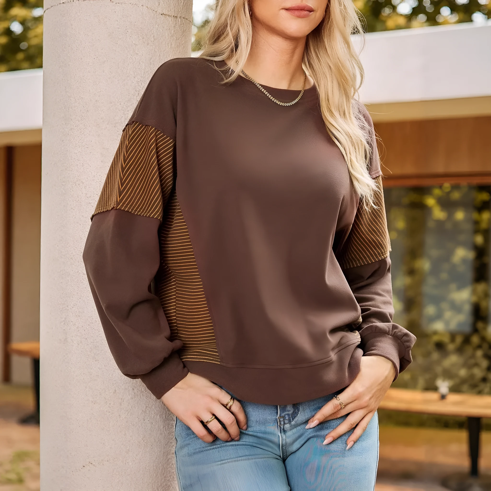 Striped colour-blocked round neck long-sleeved pullover sweatshirt in polyester, available in multiple colours and sizes S-XXL