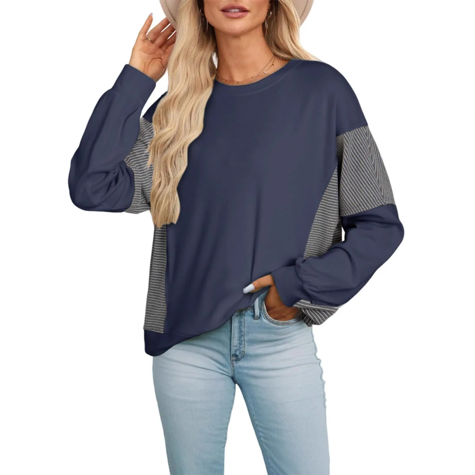 Striped colour-blocked round neck long-sleeved pullover sweatshirt in polyester, available in multiple colours and sizes S-XXL