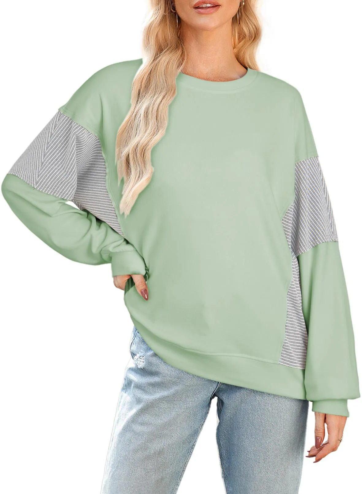 Striped colour-blocked round neck long-sleeved pullover sweatshirt in polyester, available in multiple colours and sizes S-XXL