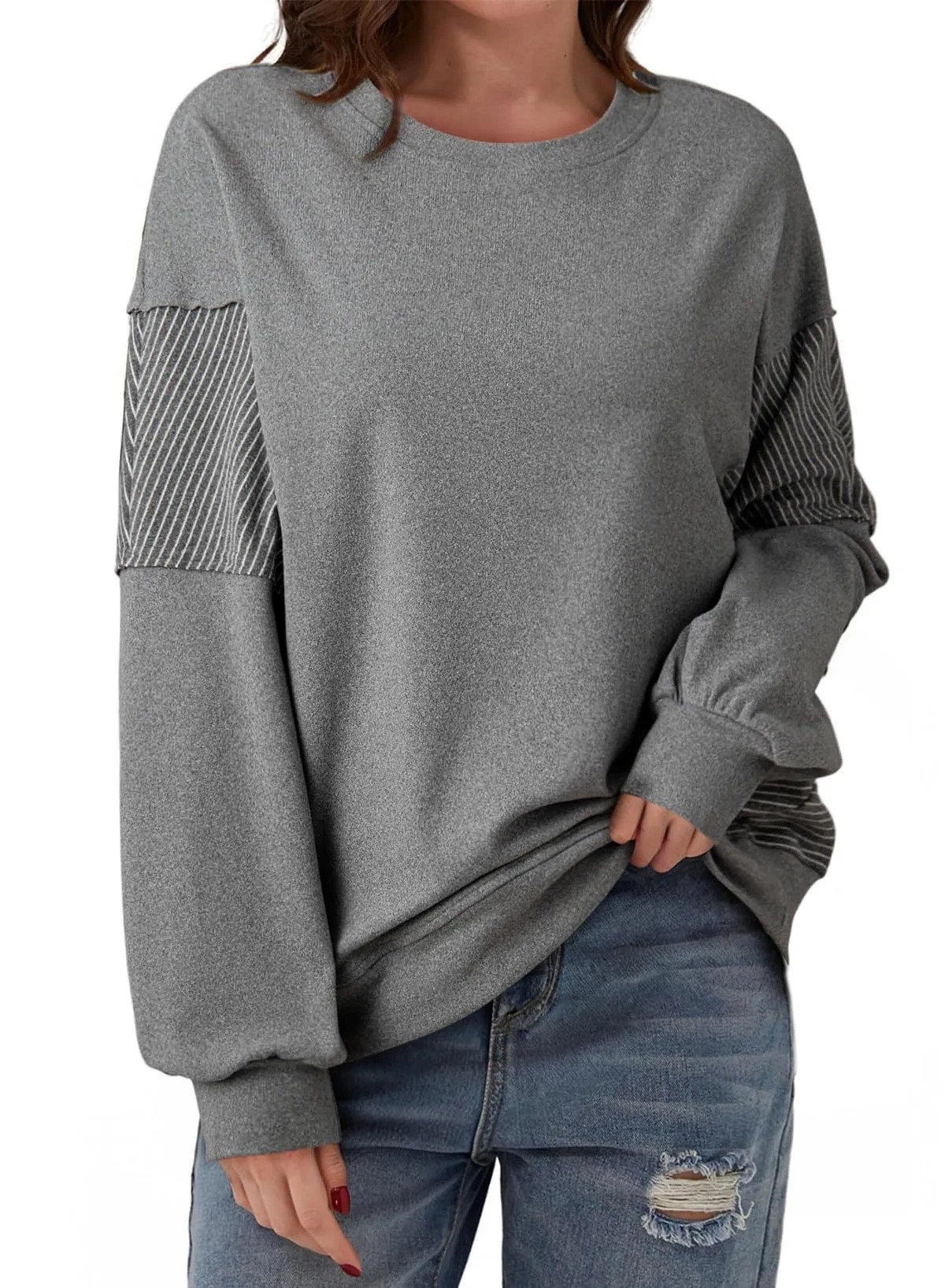 Striped colour-blocked round neck long-sleeved pullover sweatshirt in polyester, available in multiple colours and sizes S-XXL