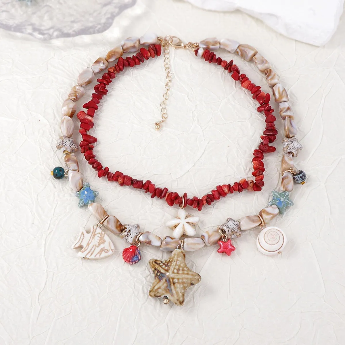 Gold marine life clavicle chain necklace with conch shell starfish pendant on zinc alloy chain for women